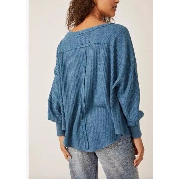 Free People We The Free Sz M Medium Coraline Thermal Top Shirt Legion Blue NWOT - Picture 4 of 8